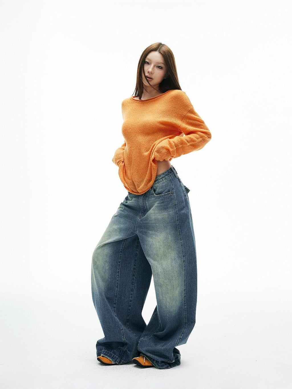 iamxiaa Vintage Adjustable Back Waist Tab Women's Washed Blue Denim Wide-leg Pants