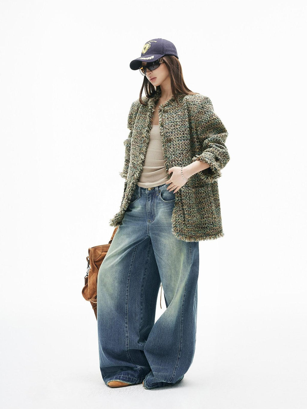 iamxiaa Vintage Adjustable Back Waist Tab Women's Washed Blue Denim Wide-leg Pants