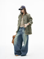 iamxiaa Vintage Adjustable Back Waist Tab Women's Washed Blue Denim Wide-leg Pants