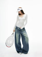 iamxiaa Vintage Adjustable Back Waist Tab Women's Washed Blue Denim Wide-leg Pants