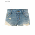 iamxiaa Vintage Asymmetrical Ripped Low Rise Cuffed Women's High Cotton Denim Shorts 1049664991670