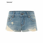 iamxiaa Vintage Asymmetrical Ripped Low Rise Cuffed Women's High Cotton Denim Shorts 1049664991670
