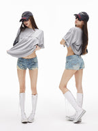 iamxiaa Vintage Asymmetrical Ripped Low Rise Cuffed Women's High Cotton Denim Shorts
