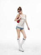 iamxiaa Vintage Asymmetrical Ripped Low Rise Cuffed Women's High Cotton Denim Shorts