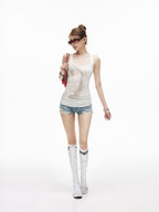 iamxiaa Vintage Asymmetrical Ripped Low Rise Cuffed Women's High Cotton Denim Shorts