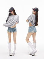 iamxiaa Vintage Asymmetrical Ripped Low Rise Cuffed Women's High Cotton Denim Shorts