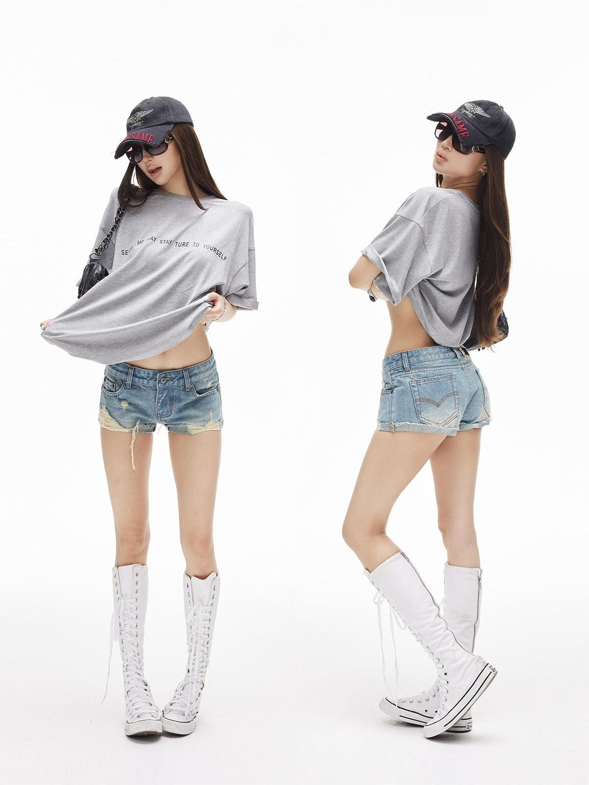 iamxiaa Vintage Asymmetrical Ripped Low Rise Cuffed Women's High Cotton Denim Shorts