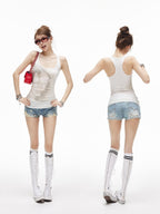 iamxiaa Vintage Asymmetrical Ripped Low Rise Cuffed Women's High Cotton Denim Shorts