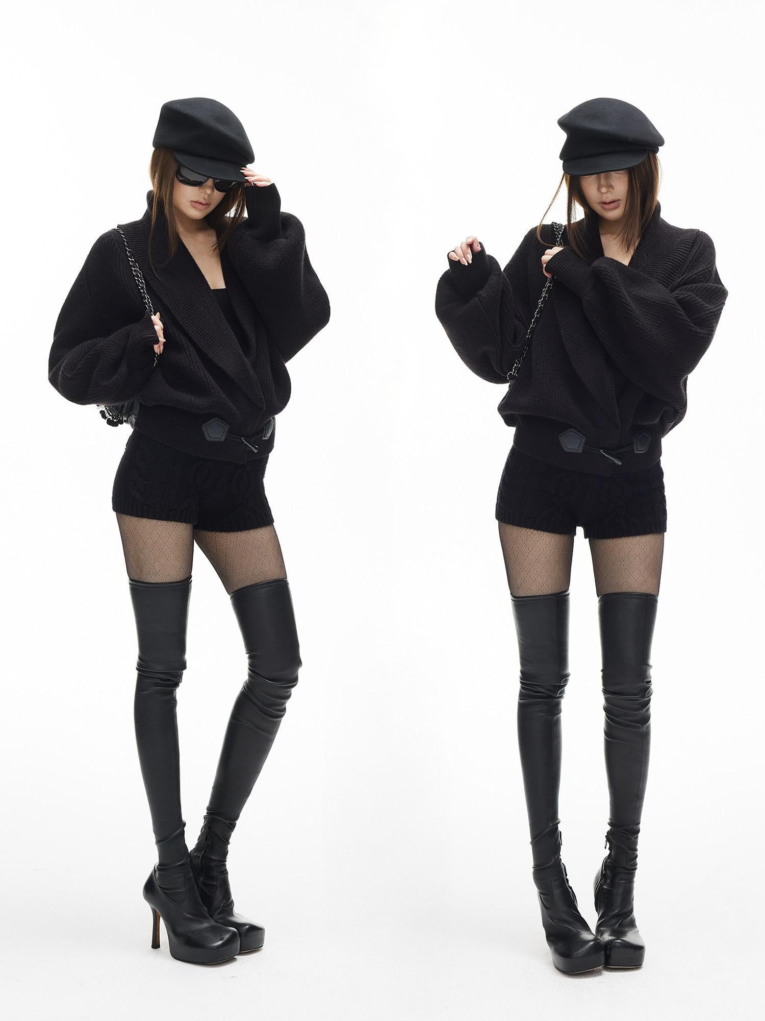 iamxiaa Vintage Chunky Cable Knit Slim Women's Stretch Yarn Ribbed Short Trousers
