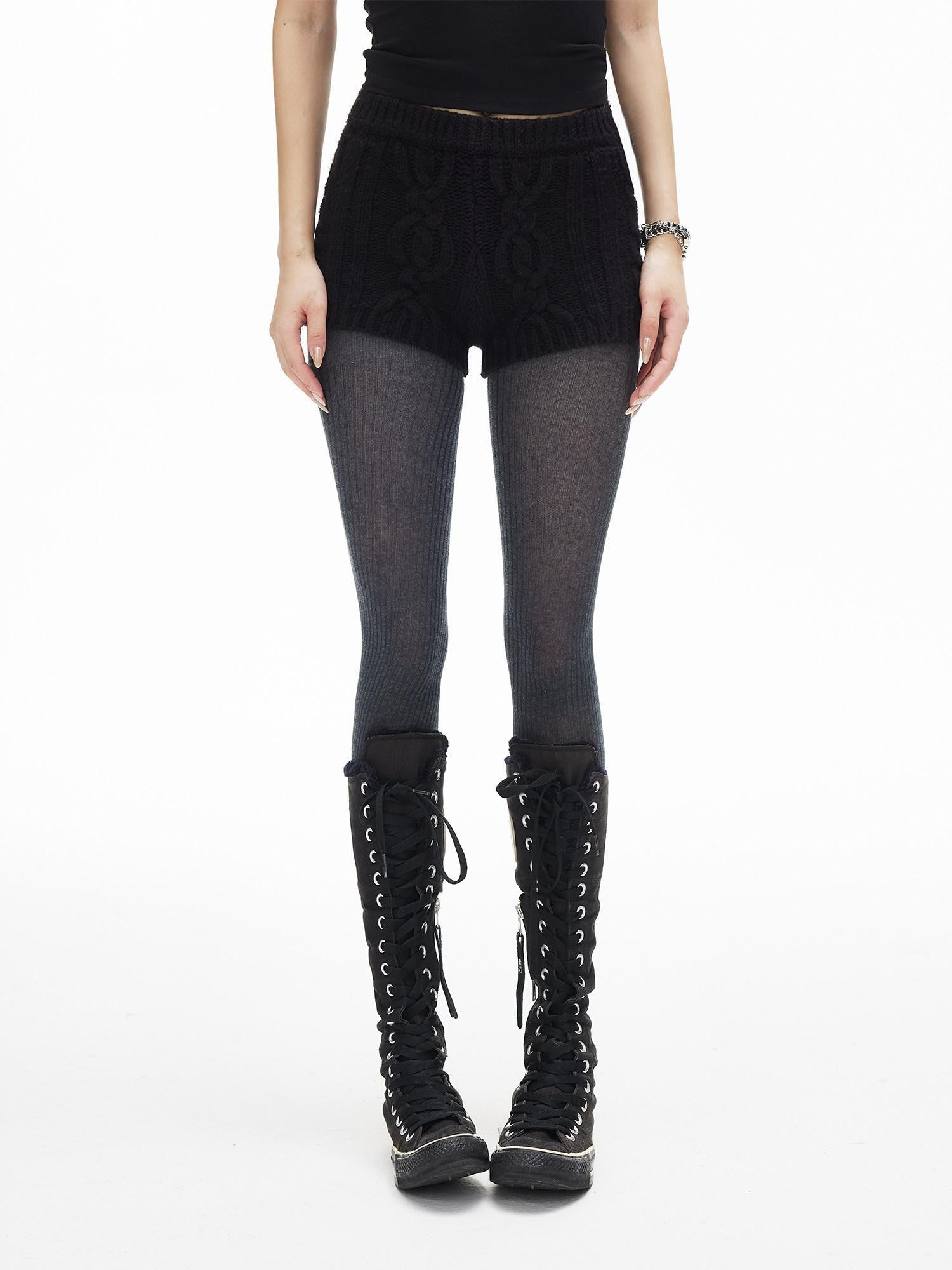iamxiaa Vintage Chunky Cable Knit Slim Women's Stretch Yarn Ribbed Short Trousers