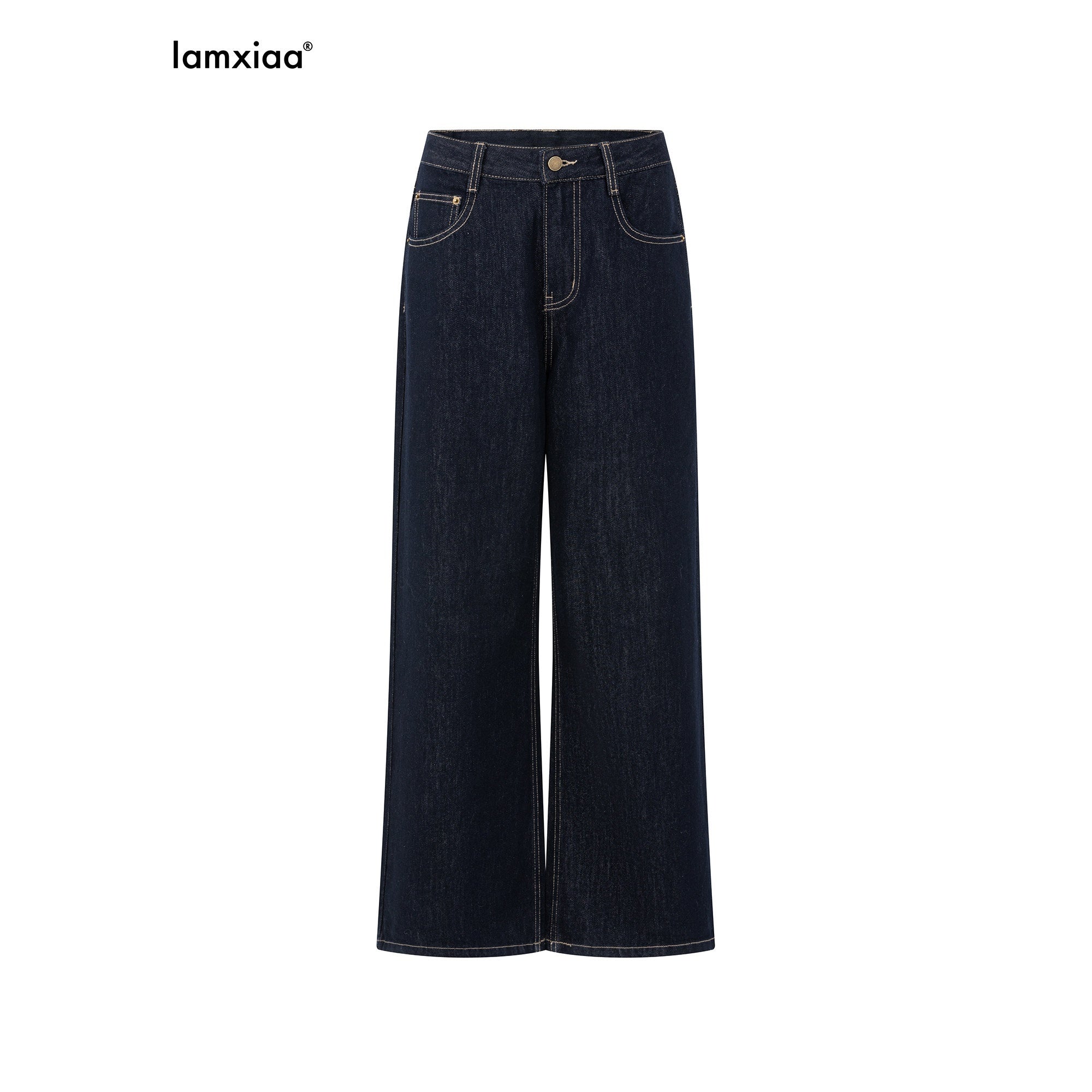 iamxiaa Vintage Contrast Stitch Fancy Pocket Slimming Women's Raw Denim Wide-leg Jeans 1014749772649