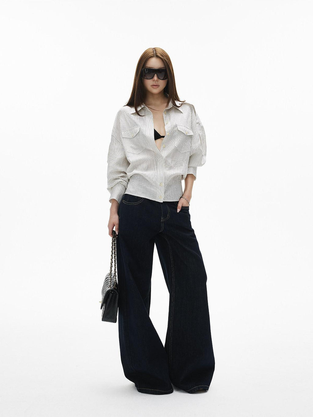iamxiaa Vintage Contrast Stitch Fancy Pocket Slimming Women's Raw Denim Wide-leg Jeans