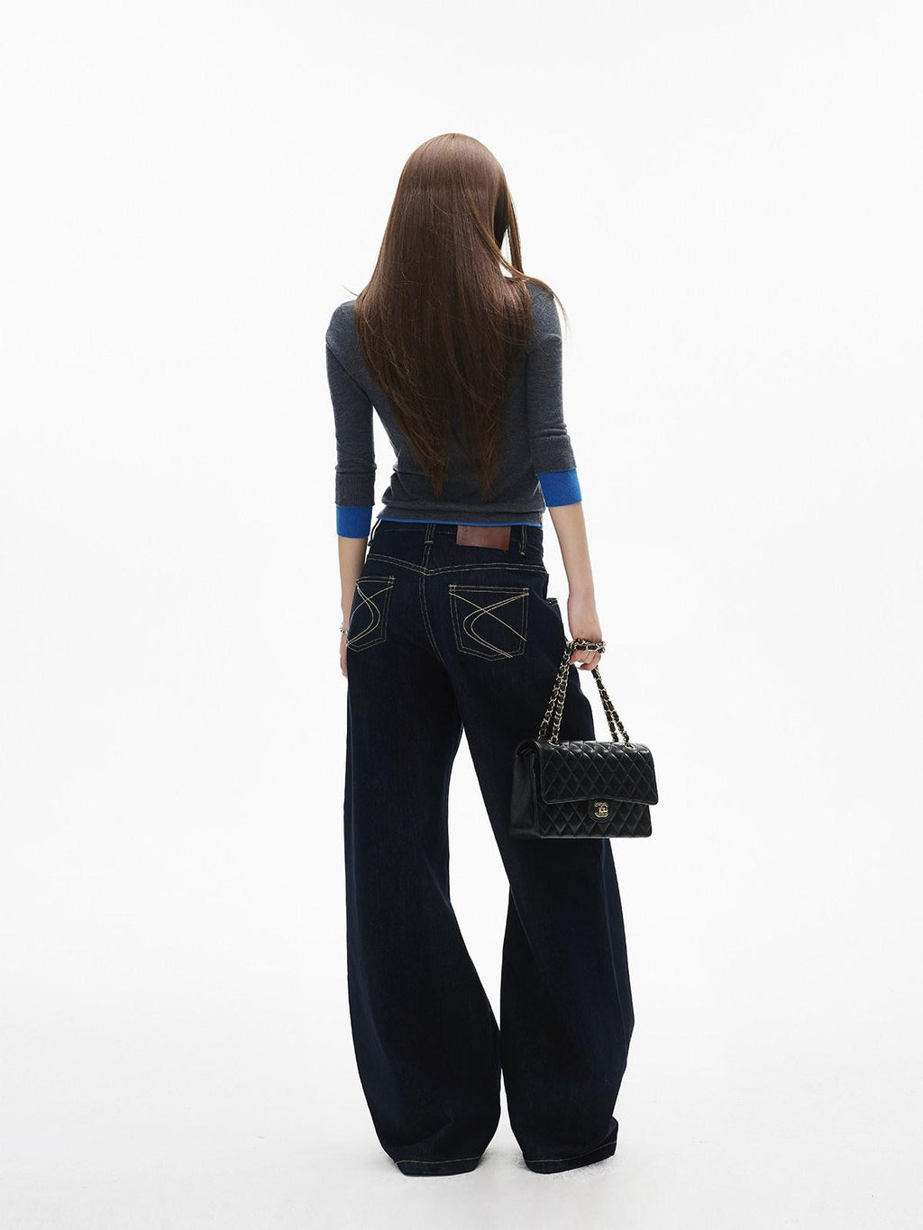 iamxiaa Vintage Contrast Stitch Fancy Pocket Slimming Women's Raw Denim Wide-leg Jeans
