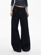 iamxiaa Vintage Contrast Stitch Fancy Pocket Slimming Women's Raw Denim Wide-leg Jeans
