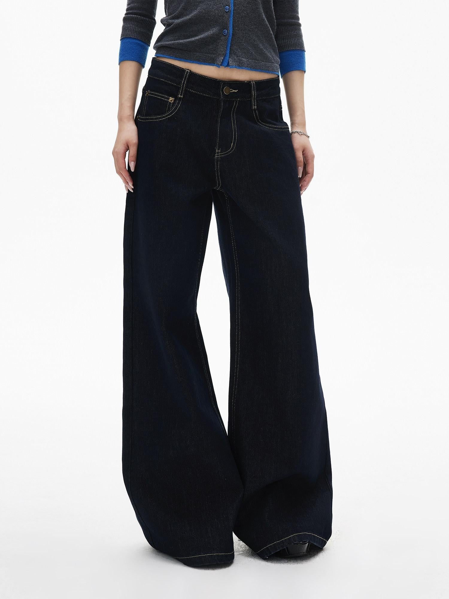 iamxiaa Vintage Contrast Stitch Fancy Pocket Slimming Women's Raw Denim Wide-leg Jeans