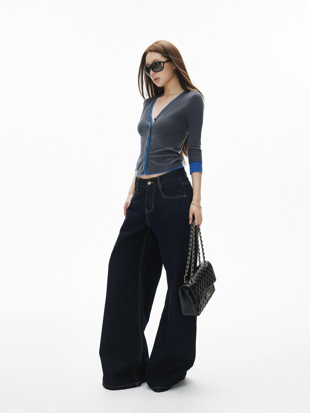 iamxiaa Vintage Contrast Stitch Fancy Pocket Slimming Women's Raw Denim Wide-leg Jeans