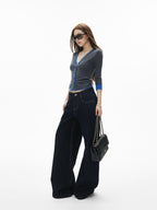 iamxiaa Vintage Contrast Stitch Fancy Pocket Slimming Women's Raw Denim Wide-leg Jeans