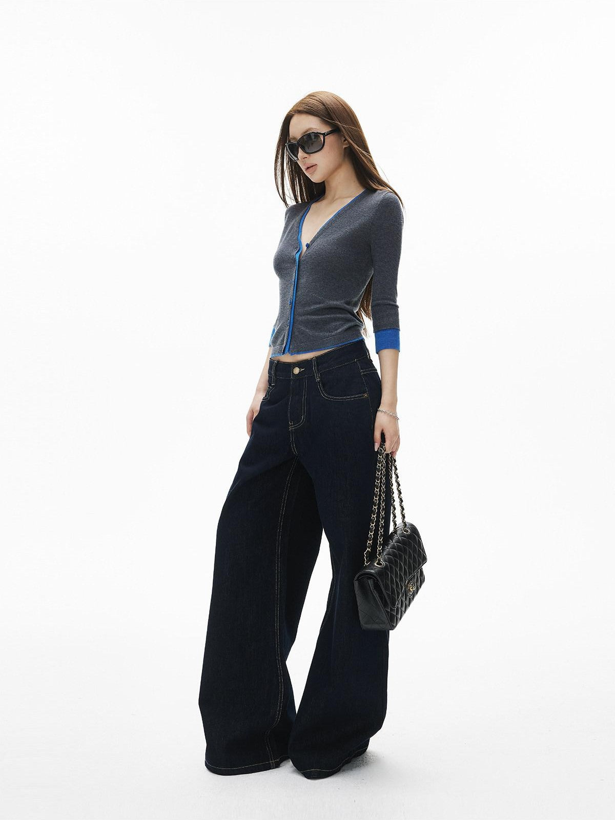 iamxiaa Vintage Contrast Stitch Fancy Pocket Slimming Women's Raw Denim Wide-leg Jeans