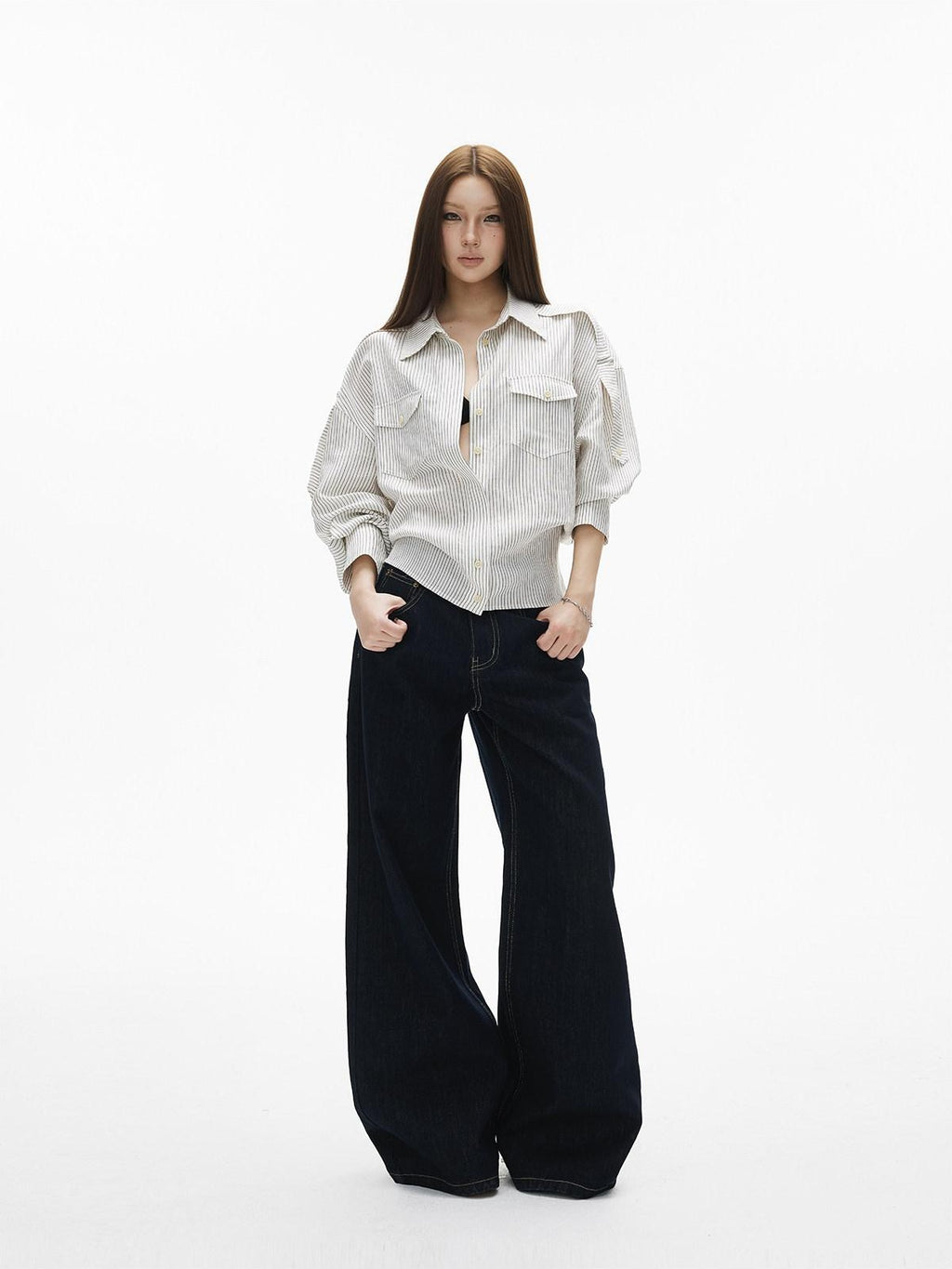 iamxiaa Vintage Contrast Stitch Fancy Pocket Slimming Women's Raw Denim Wide-leg Jeans