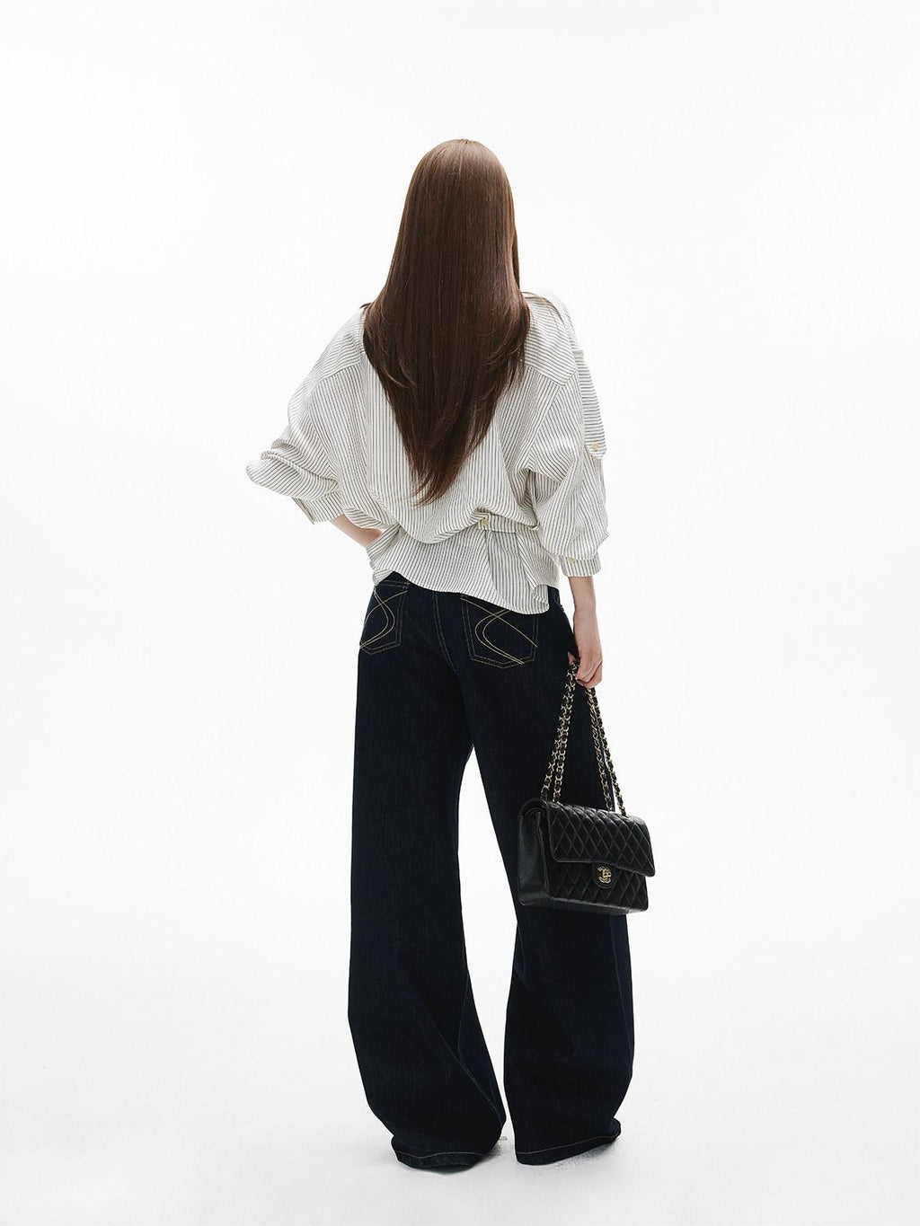 iamxiaa Vintage Contrast Stitch Fancy Pocket Slimming Women's Raw Denim Wide-leg Jeans