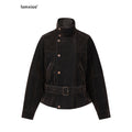 iamxiaa Vintage Flocked Denim Leather Trim Lantern Sleeve Women's Long Coats 1002467879007