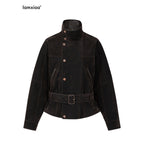 iamxiaa Vintage Flocked Denim Leather Trim Lantern Sleeve Women's Long Coats 1002467879007