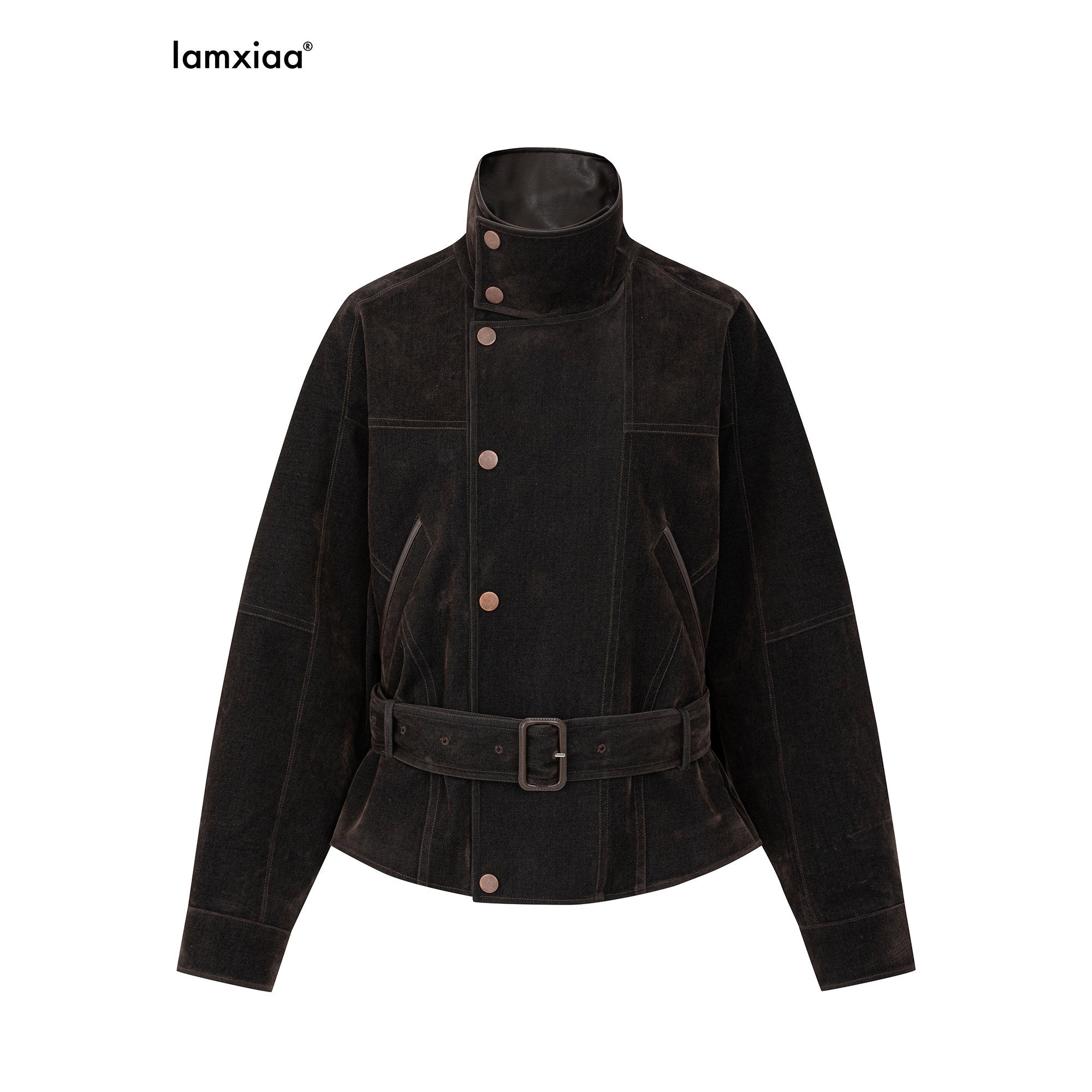 iamxiaa Vintage Flocked Denim Leather Trim Lantern Sleeve Women's Long Coats 1002467879007