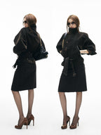 iamxiaa Vintage Flocked Denim Leather Trim Lantern Sleeve Women's Long Coats