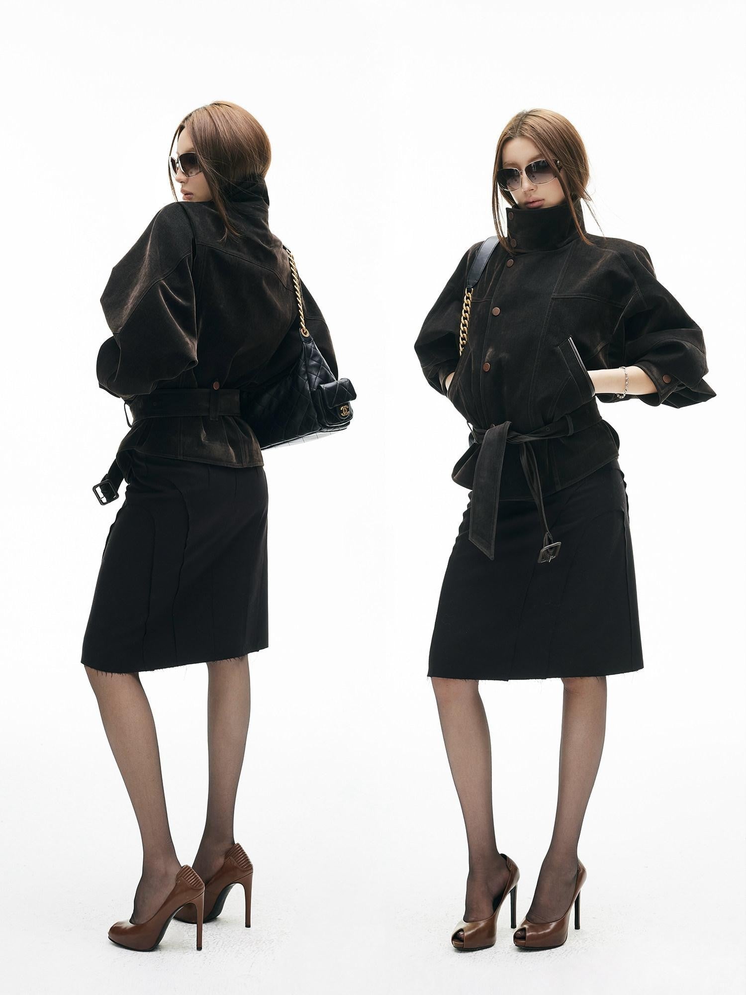 iamxiaa Vintage Flocked Denim Leather Trim Lantern Sleeve Women's Long Coats
