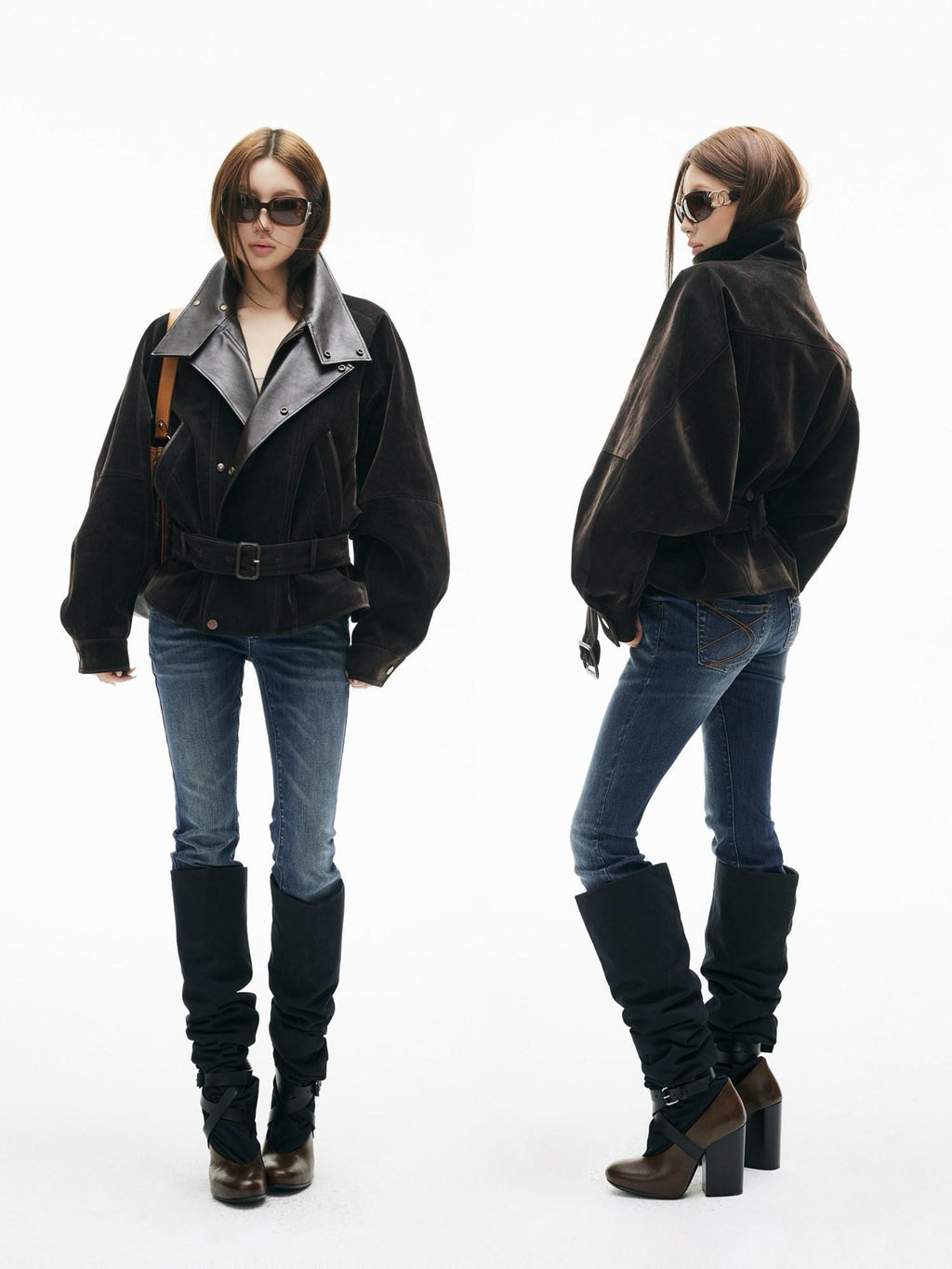 iamxiaa Vintage Flocked Denim Leather Trim Lantern Sleeve Women's Long Coats