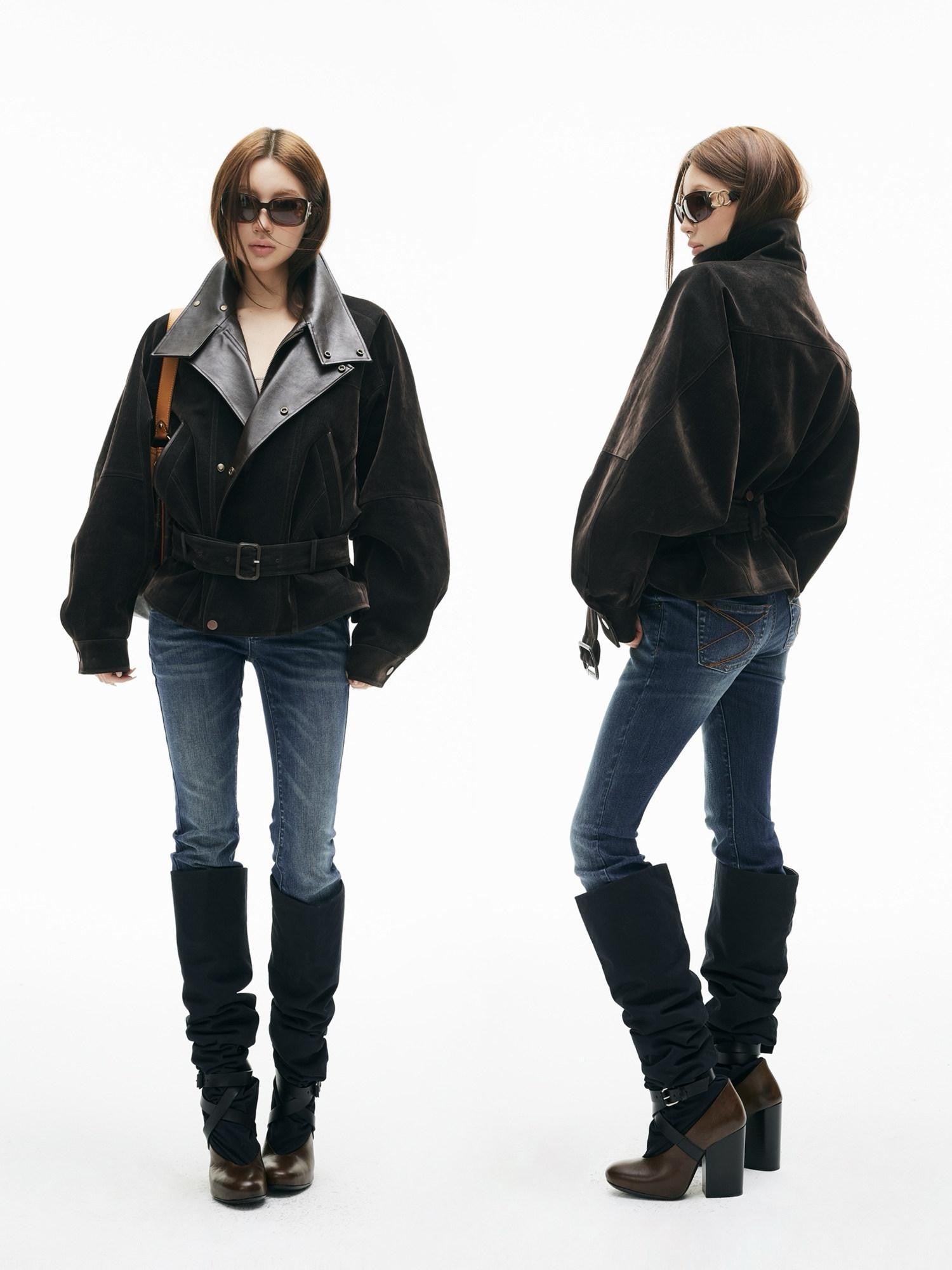 iamxiaa Vintage Flocked Denim Leather Trim Lantern Sleeve Women's Long Coats