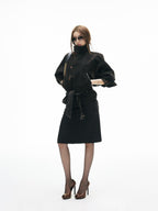iamxiaa Vintage Flocked Denim Leather Trim Lantern Sleeve Women's Long Coats