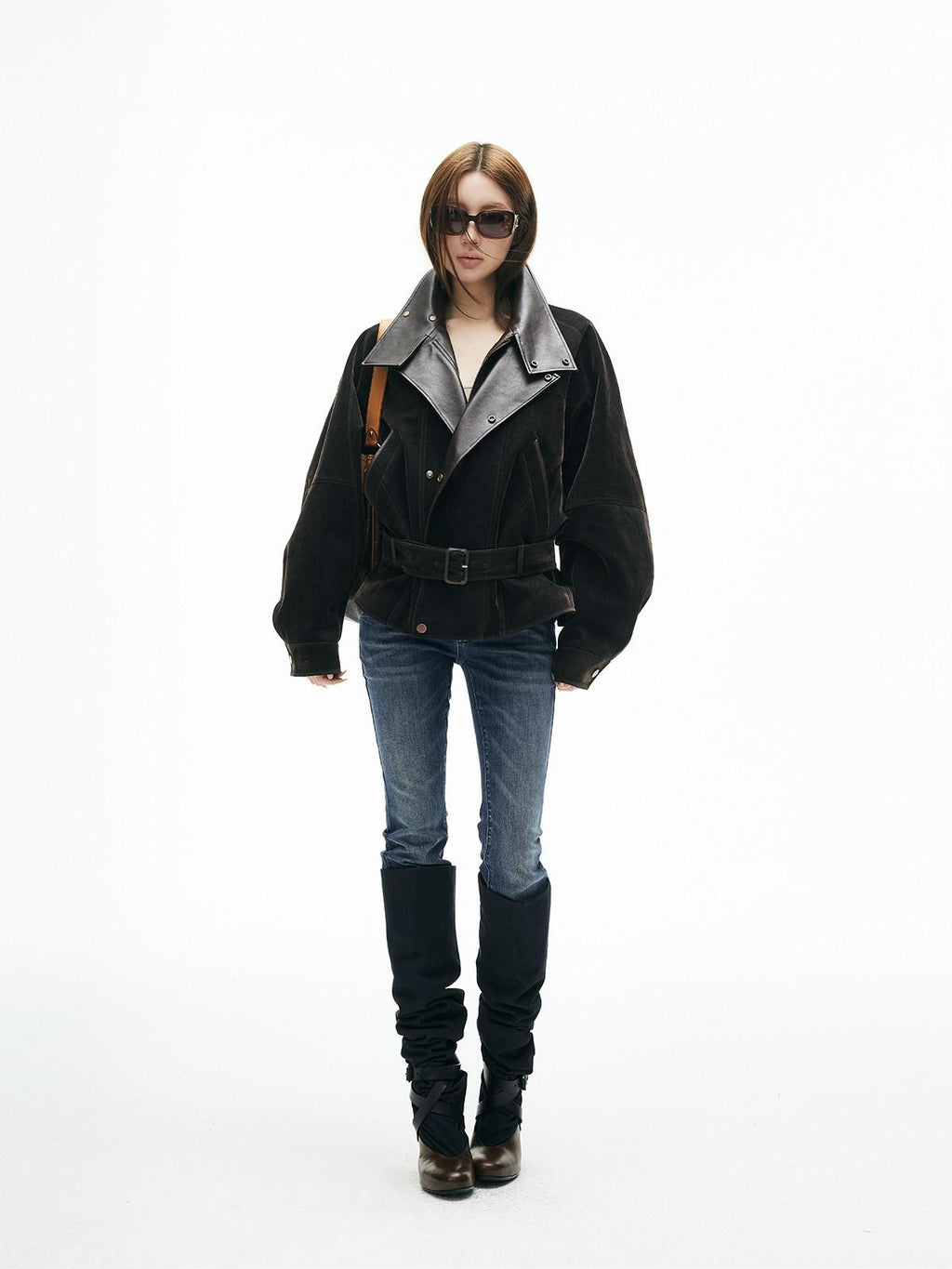 iamxiaa Vintage Flocked Denim Leather Trim Lantern Sleeve Women's Long Coats