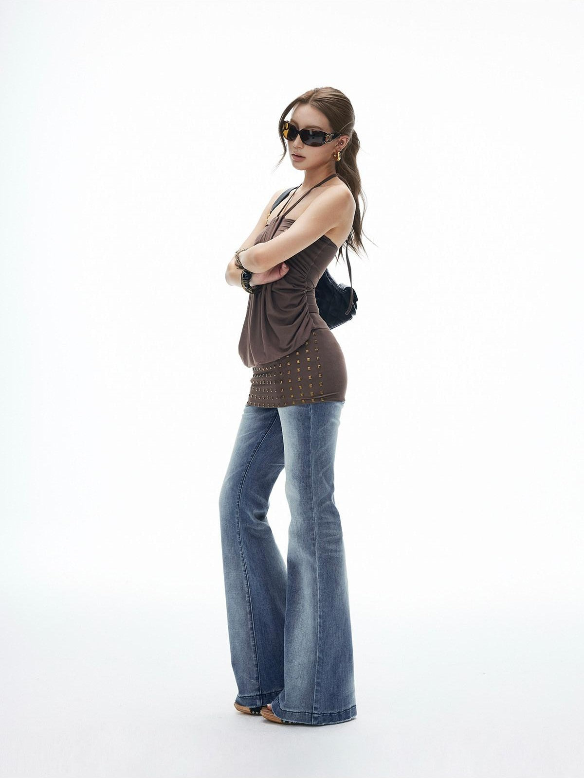 iamxiaa Vintage Ombre Wash Low Rise Slim Micro Flare Women's Denim Flare Jeans