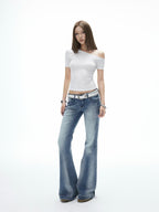 iamxiaa Vintage Ombre Wash Low Rise Slim Micro Flare Women's Denim Flare Jeans