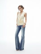 iamxiaa Vintage Ombre Wash Low Rise Slim Micro Flare Women's Denim Flare Jeans