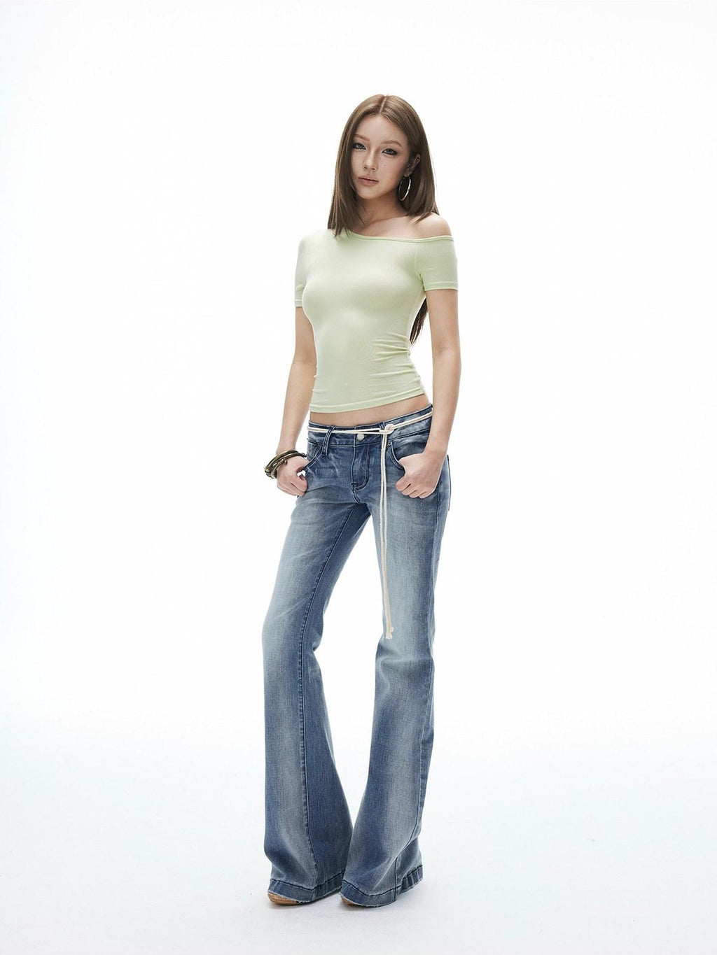 iamxiaa Vintage Ombre Wash Low Rise Slim Micro Flare Women's Denim Flare Jeans