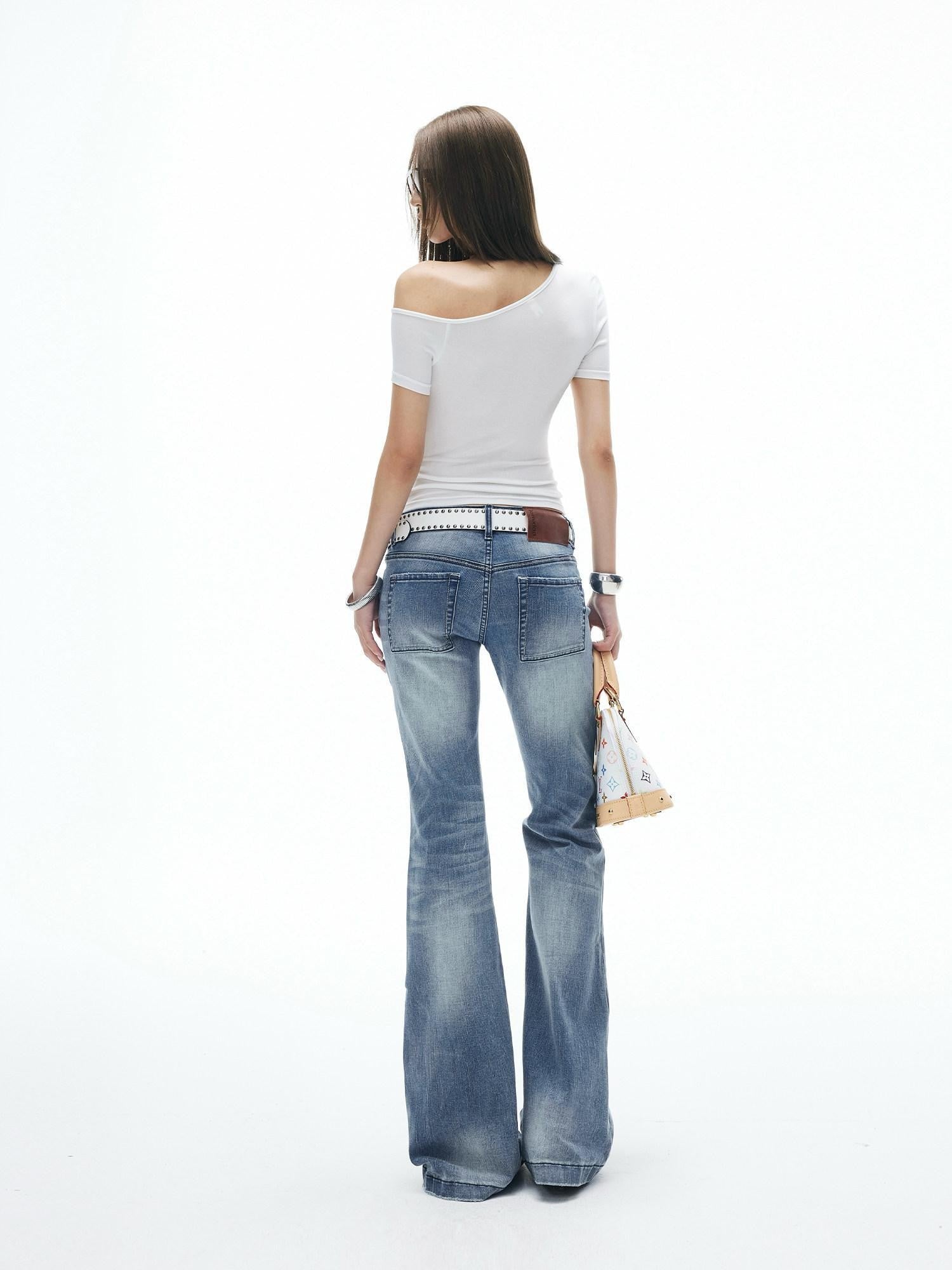 iamxiaa Vintage Ombre Wash Low Rise Slim Micro Flare Women's Denim Flare Jeans