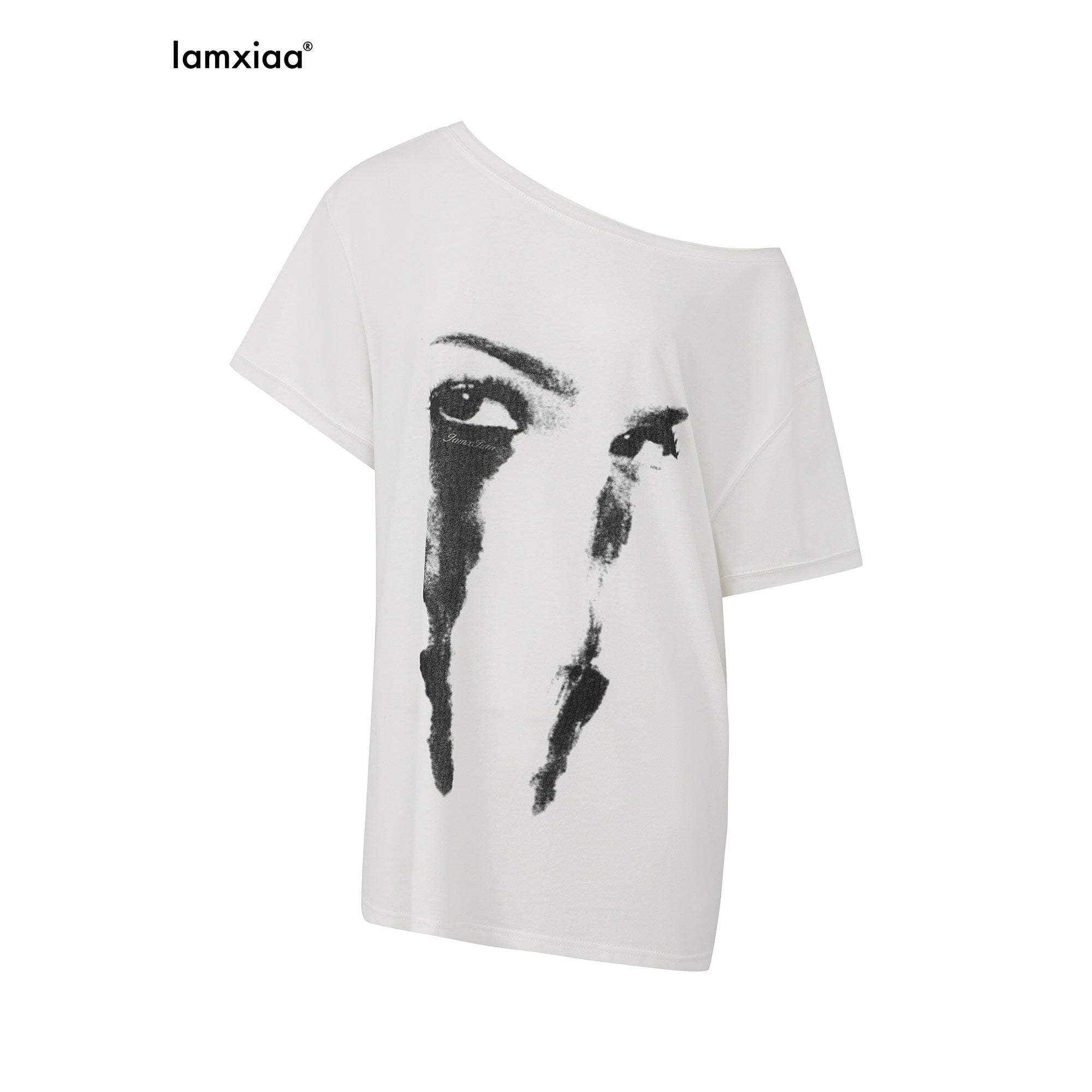 iamxiaa Vintage Print Asymmetric Two Way Women's Linen Tencel Short Sleeve T-shirts 917239475538