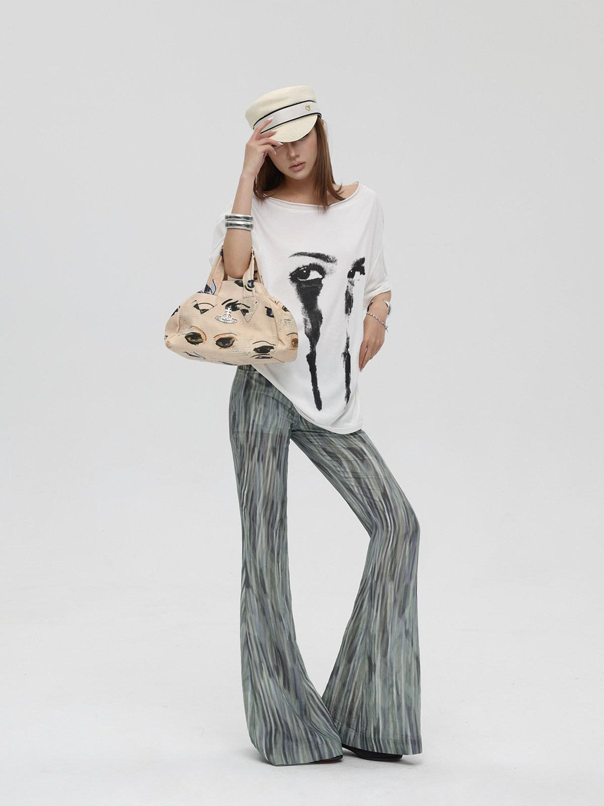 iamxiaa Vintage Print Asymmetric Two Way Women's Linen Tencel Short Sleeve T-shirts