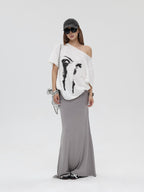 iamxiaa Vintage Print Asymmetric Two Way Women's Linen Tencel Short Sleeve T-shirts