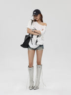 iamxiaa Vintage Print Asymmetric Two Way Women's Linen Tencel Short Sleeve T-shirts