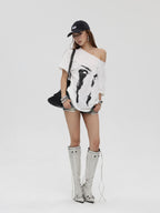 iamxiaa Vintage Print Asymmetric Two Way Women's Linen Tencel Short Sleeve T-shirts
