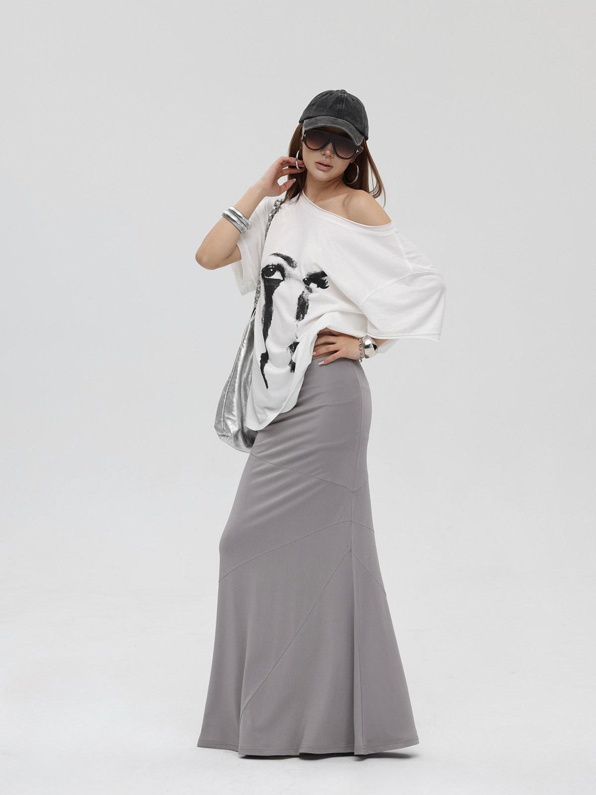 iamxiaa Vintage Print Asymmetric Two Way Women's Linen Tencel Short Sleeve T-shirts