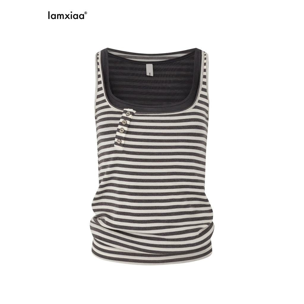 iamxiaa Vintage Striped Henley Slant Contrast Button Faux Women's Tencel Wool Tank Tops 936467025512