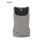 iamxiaa Vintage Striped Henley Slant Contrast Button Faux Women's Tencel Wool Tank Tops 936467025512