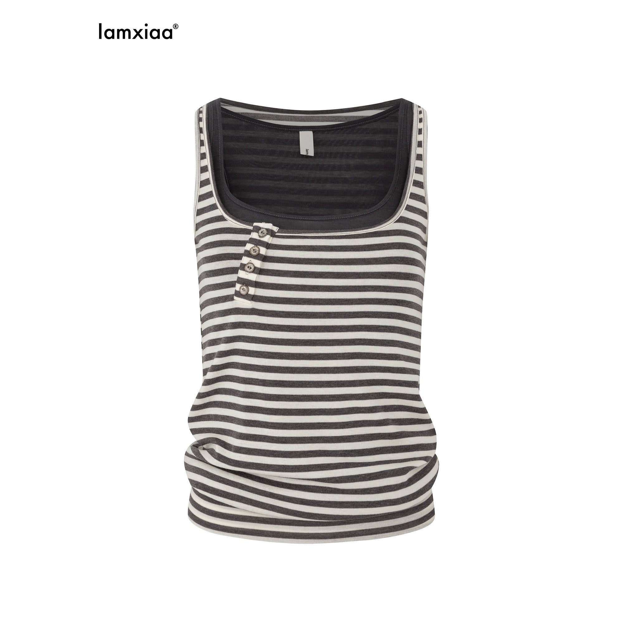 iamxiaa Vintage Striped Henley Slant Contrast Button Faux Women's Tencel Wool Tank Tops 936467025512