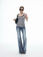 iamxiaa Vintage Striped Henley Slant Contrast Button Faux Women's Tencel Wool Tank Tops