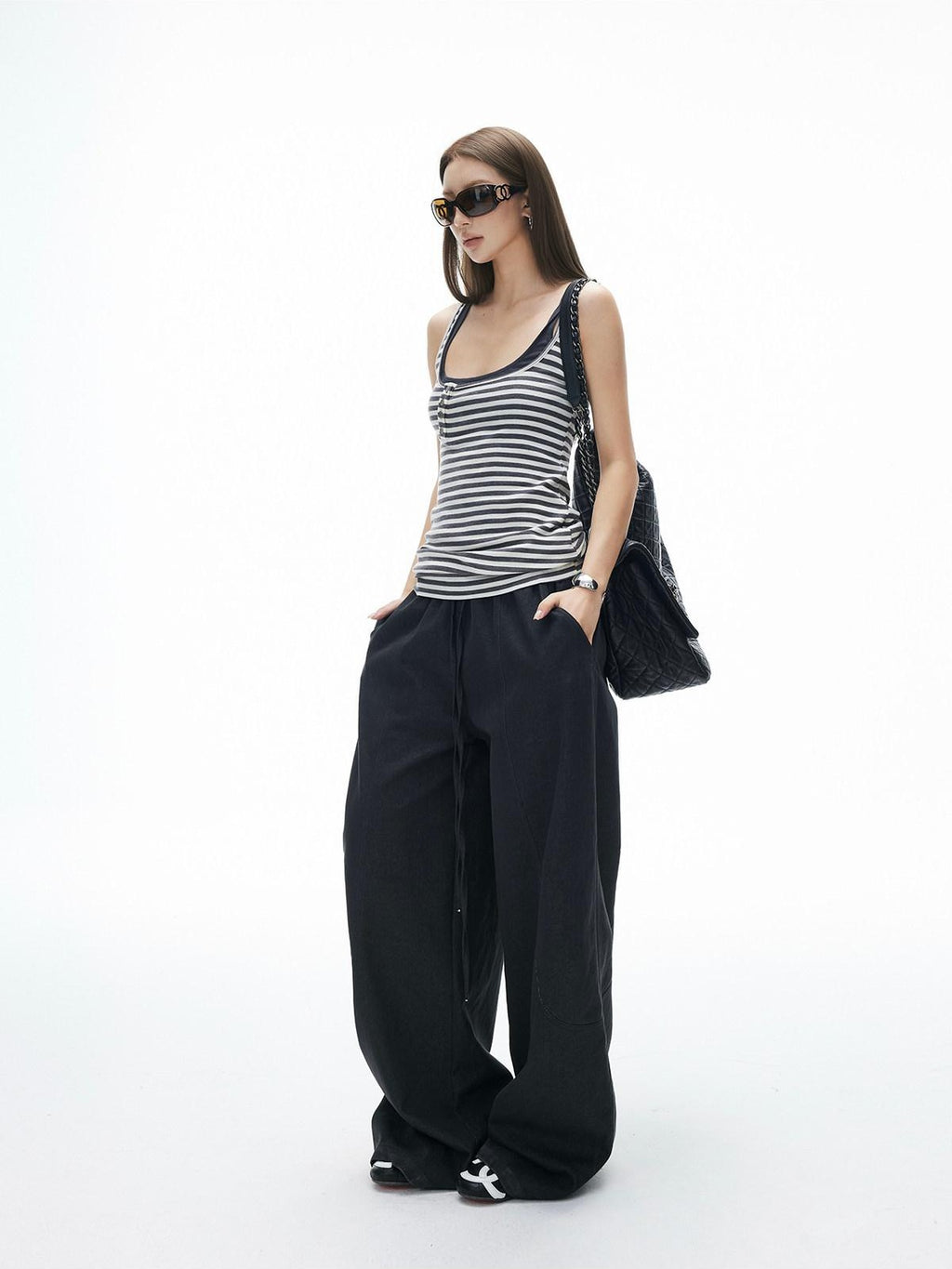 iamxiaa Vintage Striped Henley Slant Contrast Button Faux Women's Tencel Wool Tank Tops