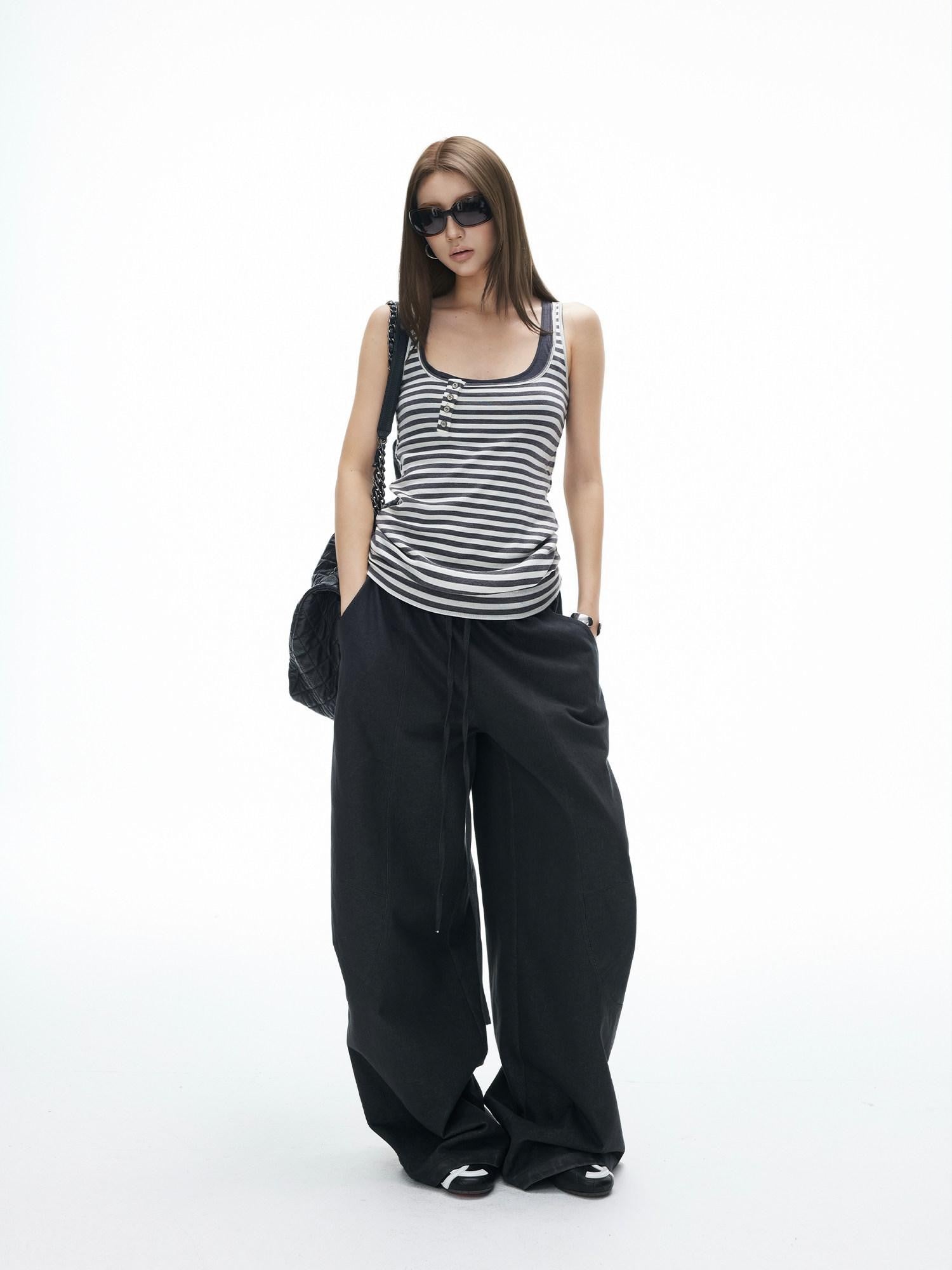 iamxiaa Vintage Striped Henley Slant Contrast Button Faux Women's Tencel Wool Tank Tops